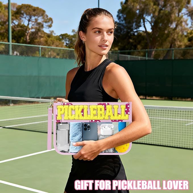 BuyCard Pickleball Gifts Makeup Bag with Chenille Letter Patch, Clear Cosmetic Pouch PVC Organizer Purse, Waterproof Travel Bag, Portable Toiletry Storage Bag for Her Friends