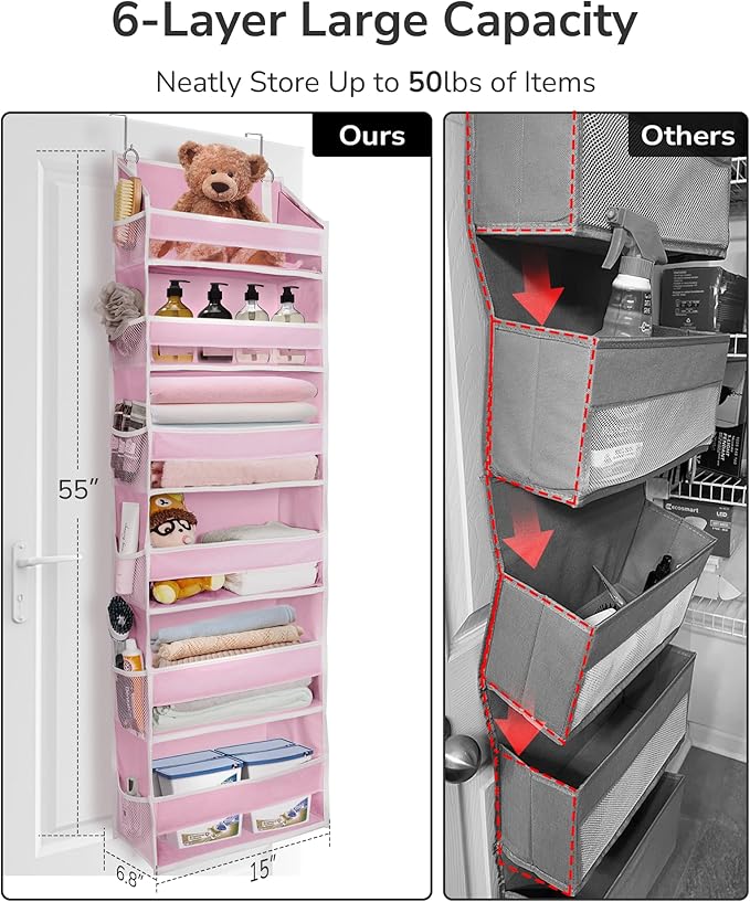 ULG Over The Door Organizer with 6 Large Pockets 12 Side Pockets, 50lbs Weight Capacity Door Hanging Storage Organizer for Bedroom, Bathroom, Pantry, Nursery Storage, Pink