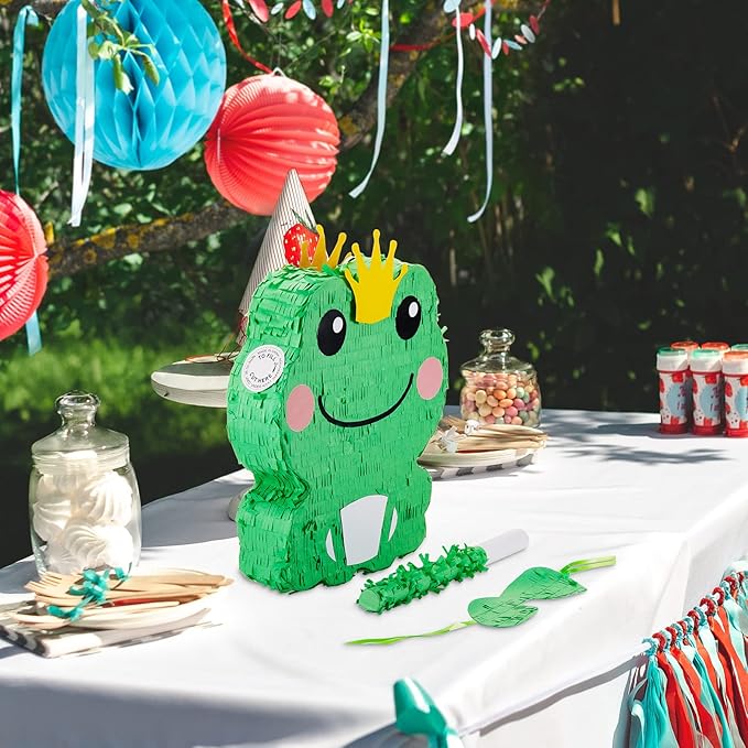 Lewtemi 15'' x 12'' x 3'' Frog Piñata Set Frog Birthday Decorations Include Large Piñata, Stick, Blindfold and Confetti for Kids Frog Party Decorations Favors Supplies Outdoor Games