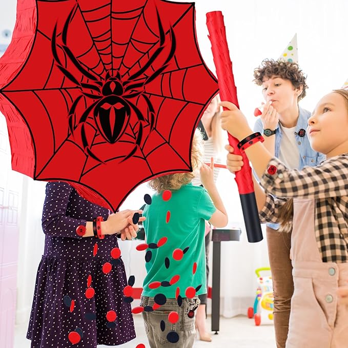 Leyndo 89 Pcs Spider Party Favors for Birthday, Includes Spider Piñata with Blindfold and Stick, 11.8"x11.8", 12 Keychains, 12 Wristbands, 12 Badges, 50 Stickers for Spider Birthday Party Decor