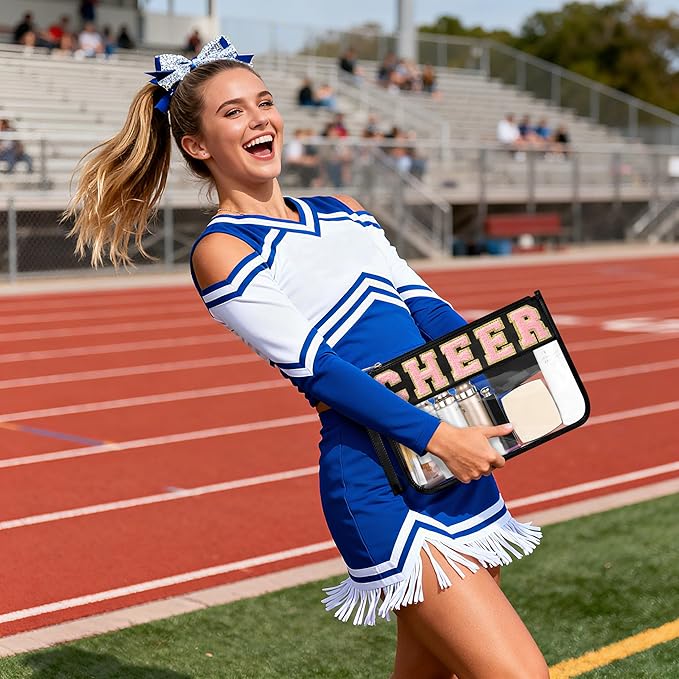 BuyCard Cheer Chenille Letter Bags Clear Makeup Bag, Cheerleader Gifts Cosmetic Bag, Varsity Preppy Patch Flat Pouch Cheer Accessories, Waterproof PVC Organizer Toiletry Bag for Women Girls Black