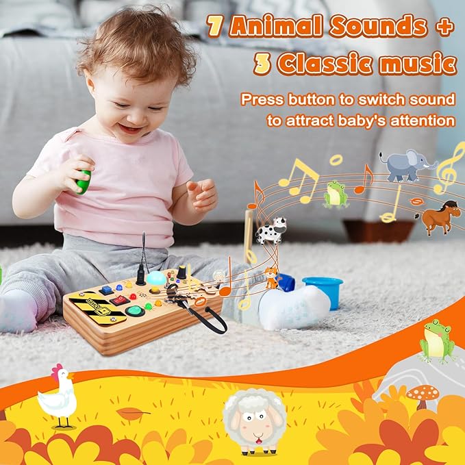 Busy Board with LED Light, Wooden Sensory Toys for Toddler, Montessori Music Toy for Airplane, Travel Activity Educational Learning Autism Toys, Birthday Boys Girls Gifts