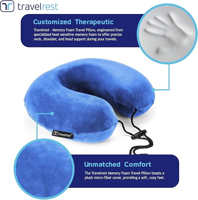 TRAVELREST Travel Essential Neck Pillow Curl - Memory Foam, Washable Micro-Fiber Cover, Soft and Comfortable Head Support for Long Flights, Compact, Attaches to Luggage, Airplanes, Cars, Bus - Blue