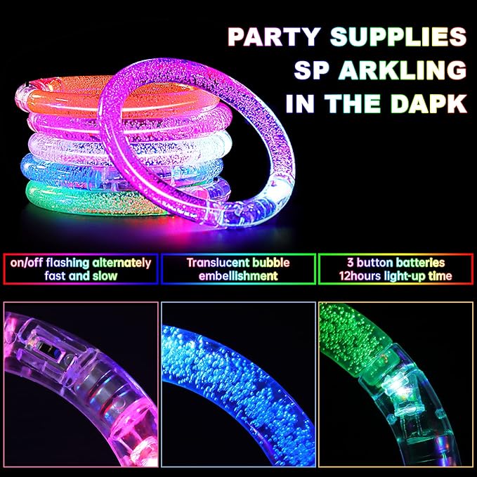 80 Pack LED Bracelets,6 Color Glow Bracelet Glow in The Dark Bracelets,Flashing Light Up Bracelet for Adults,Glow Stick Bracelet for Concerts Festivals Carnival Rave Neon Party Supplies