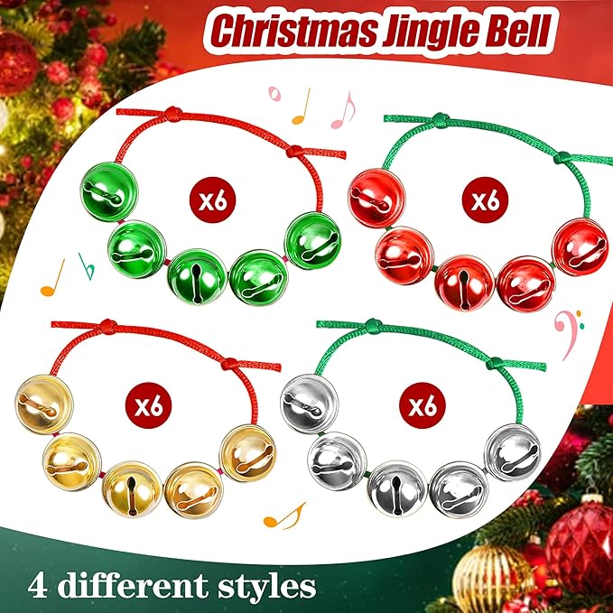 Cooraby 24 Pieces Assorted Colors Christmas Jingle Bell Bracelets Adjustable Christmas Bracelets with Metal Bells for Holiday Party Favors