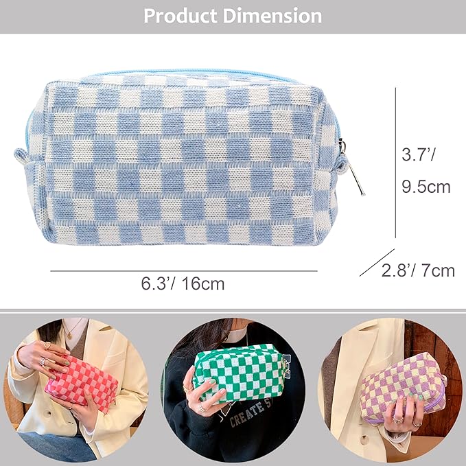 PAZIMIIK Checkered Makeup Bag for Purse Portable Zipper Make Up Pouch Small Cosmetic Case for Travel Accessories (6PCS Blue)