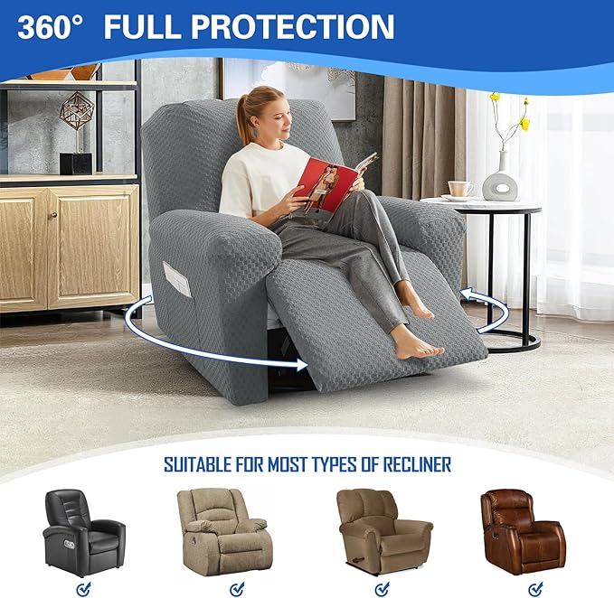 MAXIJIN Recliner Cover Slipcovers for Living Room 4 Pieces Stretch Jacquard Recliner Chair Cover Soft Fitted Recliner Protector with Elastic Bottom for Kids, Pets (Recliner, Light Gray)