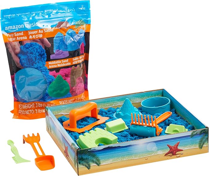 Amazon Basics 11 Piece Moldable Sensory Sand Toy Kit with Castle Molds and Tools, 3lbs Blue Color, for Kids Ages 3 and Up