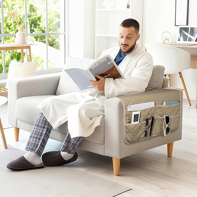 Remote Control Holder for Recliner,Armchair Caddy,Non Slip Sofa Armrest Storage Organizer for Recliner Couch with 6 Pockets for TV Remote,Cell Phone,Magazine (Beige)