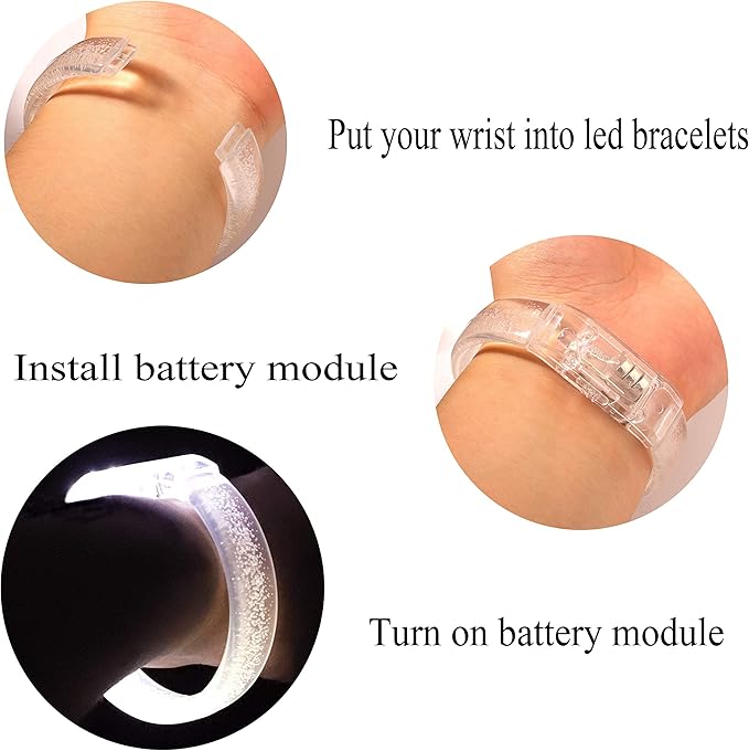 LED Light up Bracelets, White Glow Wristbands Party Favors Toys Supplies for Birthday, Halloween, Carnivals Parties, Clear Case 30 Pack