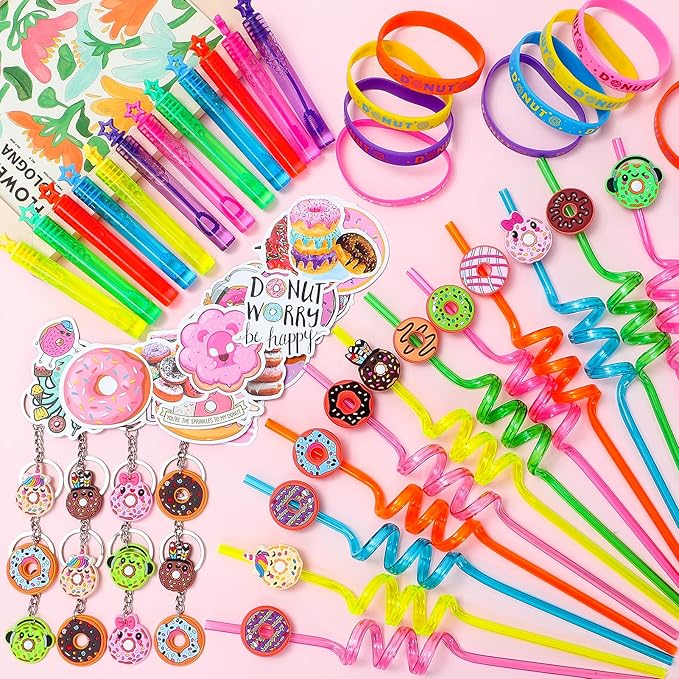 98 Donut Party Favors Two Sweet Birthday Party Supplies for Girls Kids Straw Bubble Silicone Bracelet Keychain Sticker Donut Themed Toy Gift Goodie Bag Stuffer Candyland Party Favors