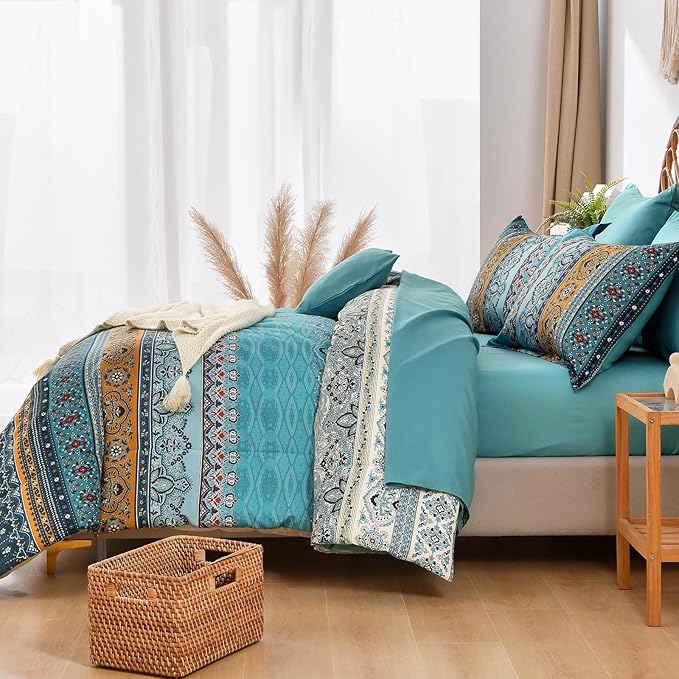 Boho Full Comforter Set 8 Pieces,Teal and Yellow Bohemian Comforter Paisley Striped Bed in A Bag,Soft Microfiber Bedding Set for All Season