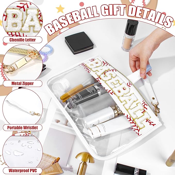 BuyCard Baseball Gifts Makeup Bag with Chenille Letter Patch, Clear Cosmetic Pouch PVC Organizer Purse, Waterproof Travel Bag, Portable Toiletry Storage Bag for Her Friends
