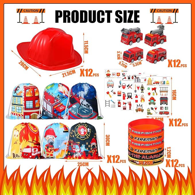 Leitee 60Pcs Firefighter Party Favors Fire Truck Birthday Party Supplies Decorations Including Fire Truck Toy Kids Boys Helmets Tattoo Wristband Drawstring Bag Silicone Bracelet for Fireman Party Gift
