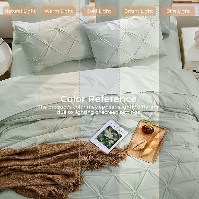 Sasttie California King Comforter Set, 7-Piece Bed in a Bag Cal King, Pintuck Bedding Set for All Season, Includes Comforter, Flat Sheet, Fitted Sheet, Pillowcases and Pillowshams, Sage Grey