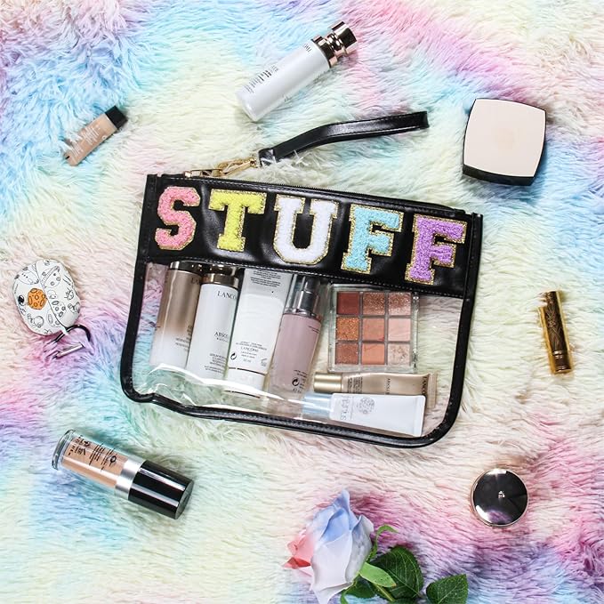 BuyCard Clear Stuff Bag for Travel, Preppy Chenille Letter Embroidered Zipper Pouch, Waterproof PVC & PU Leather Cosmetic Bag, Toiletry Makeup Bag for Women Girls Black