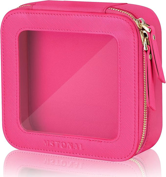 MSTONAL Clear Makeup Bag, Travel Toiletry Bag Cosmetic Case for Women, Waterproof Portable Small Make Up Skincare Pouch with Zipper, Compact Car Organizer Bag for Essentials, Mini Size, Hot Pink