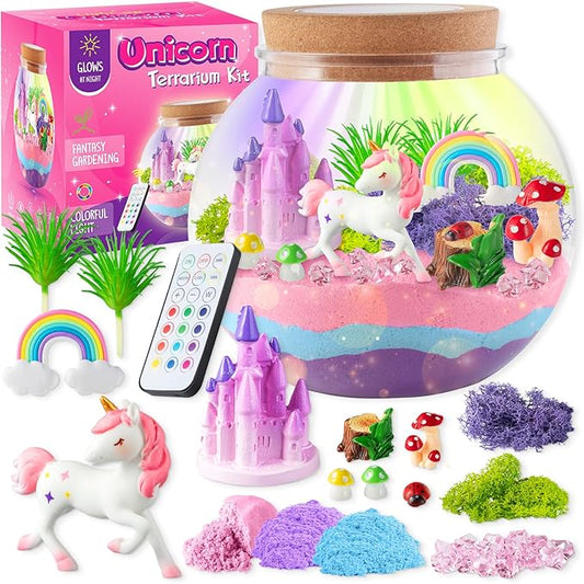 JOYEEMAX Unicorn Light-Up Terrarium Kit for Kids - LED Night Light Birthday Gift for Girls Ages 4 5 6 7 8-12 Year Old - Unicorn Toys for Girls - DIY Arts and Crafts Kit for Kids - Best Girls Presents