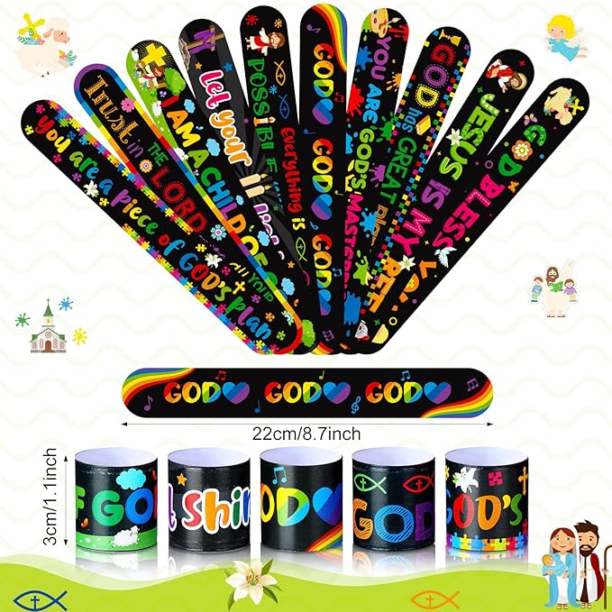 Frienda 40 Pcs Bible Verses Religious Christian Slap Bracelets for Kids Jesus Love You Wristbands Inspirational Motivational Christian Slap Bracelets Sunday School Supplies