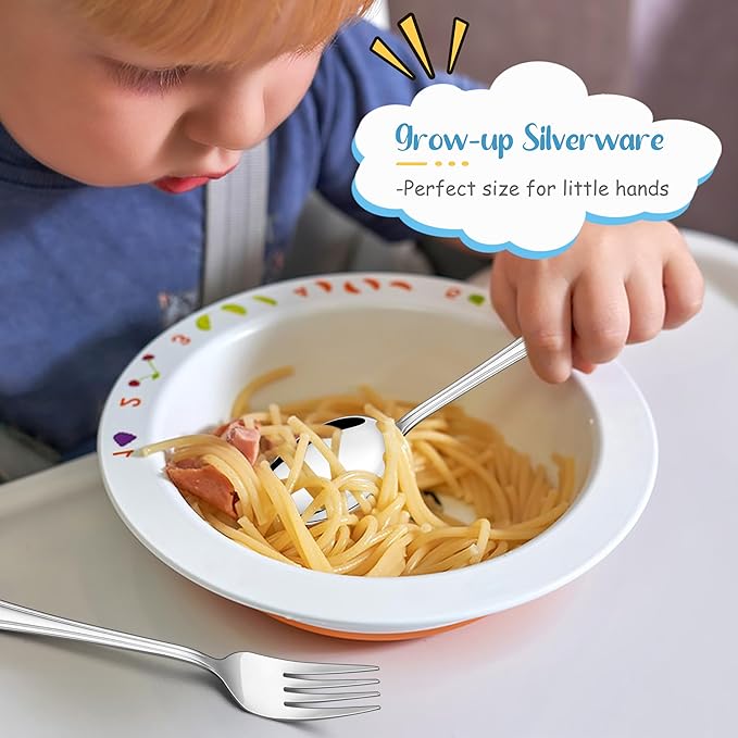 E-far 6-Piece Kids Silverware, Stainless Steel Toddler Utensils Safe for Preschooler/Children, Includes 2 Kids Forks 2 Spoons 2 Knife, Slimline Adult Look & Small Size, Rust Free & Dishwasher Safe