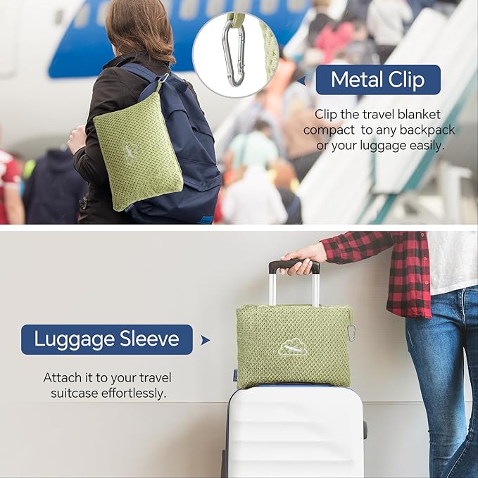 BEDELITE Travel Blanket with Bag, Ultra-Soft Jacquard Fleece Blanket with Luggage Sleeve & Backpack Clip, Airplane Blanket Travel Essentials, Sage Green