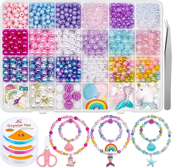 Cludoo 773Pcs Mermaid Charm DIY Beads for Jewelry Making, Unicorn DIY Bracelet Making Bead Kit for Kids Girls with Starfish Shell, Ocean Pearl Beads