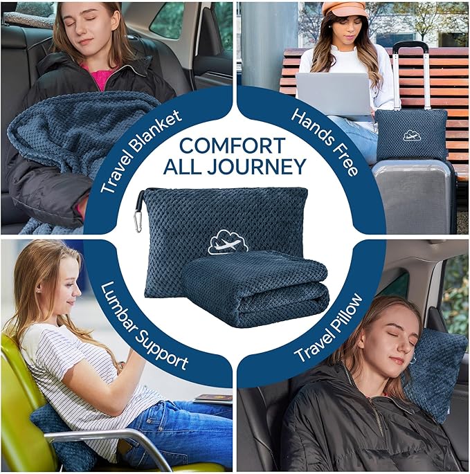 BEDELITE Travel Blanket with Bag, Ultra-Soft Jacquard Fleece Blanket with Luggage Sleeve & Backpack Clip, Airplane Blanket Travel Essentials, Navy