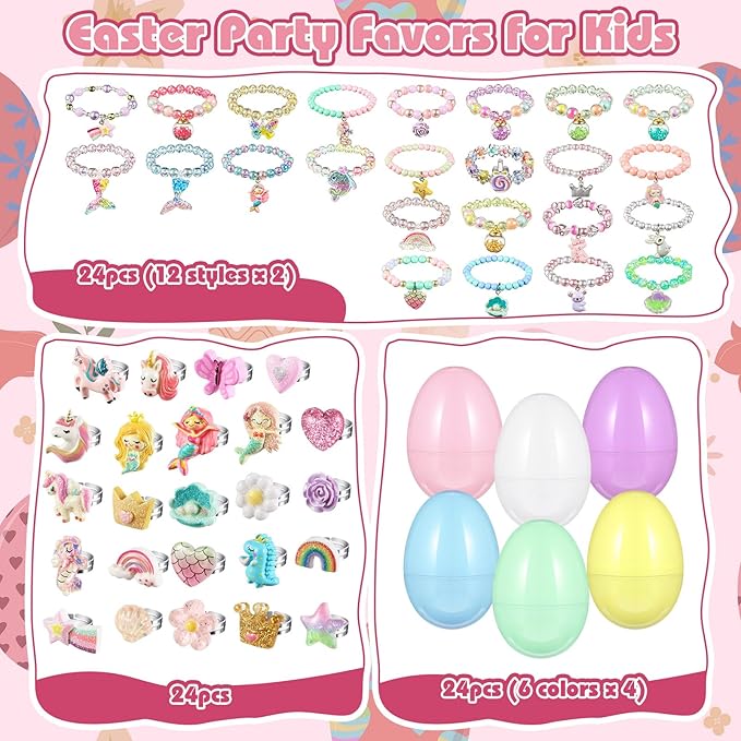 24 Set Easter Eggs Filled with Toys Jewelry, Plastic Easter Eggs Plastic Easter Eggs Filler Easter Gift Easter Basket Stuffers for Kids(Jewelry Style)