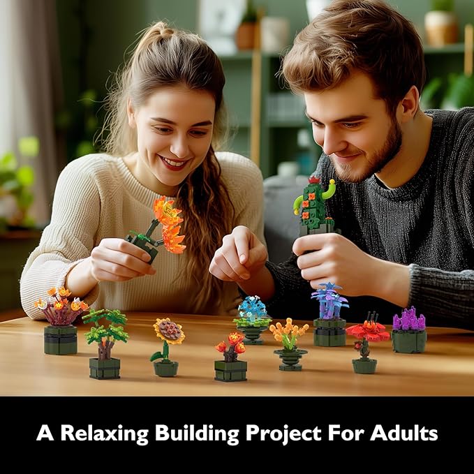 JMBricklayer Flowers Succulents Building Sets for Adults 10001, 12 Pack Tiny Plants Botanical Collection Display for Room Decor, Bonsai Flowers Building Blocks Gifts for Women Girls, Cute Succulents