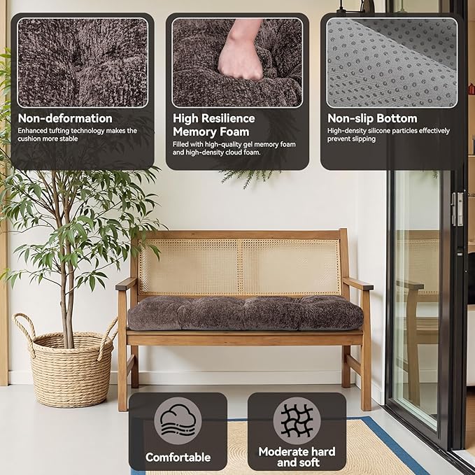 Bench Cushion 36 Inch - Luxury Chenille, High-Density Memory Foam, Non-Slip Bottom, Soft Durable Indoor Tufted Long Seat Cushion for Window Garden Furniture (Brown, 36x14x4 Inch)