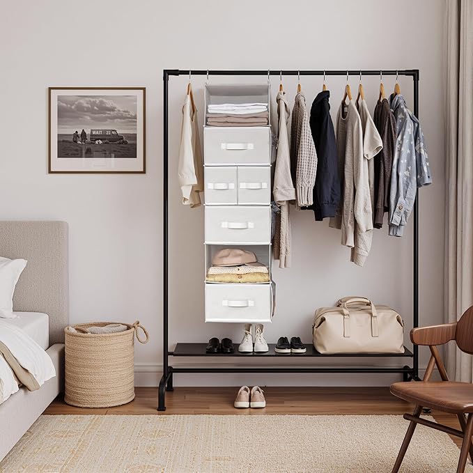 GRANNY SAYS Hanging Closet Organizer and Storage, 6 Shelf Clothes Organization with Drawers, 6 Side Pockets Closet Hanging Shelves for Bras, Socks, Underwear, Nursery Room, Wardrobe, White, 1-Pack