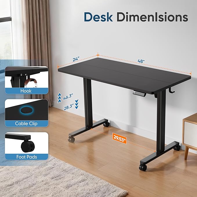 Monomi Electric Height Adjustable Standing Desk, 48x24 Inches, Ergonomic Home Office Sit/Stand Up Desk (Black Steel Frame/Black Top)
