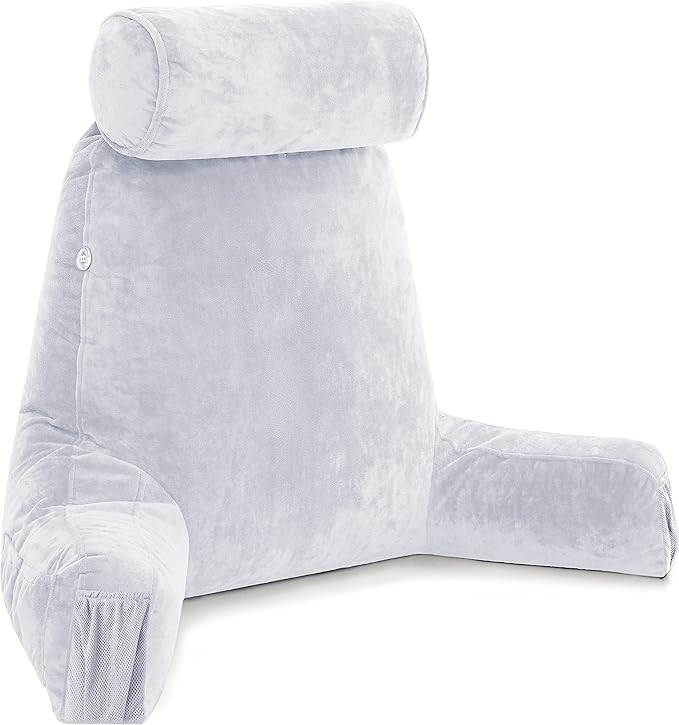 Husband Pillow Medium Light Grey, Backrest for Kids, Teens, Petite Adults - Reading Pillows with Arms, Adjustable Loft, Plush Memory Foam, Bed Rest Chair Sitting Up, Detach Neck Roll, Removable Cover