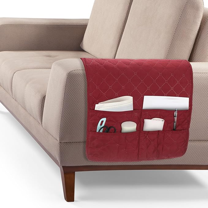 uxcell Couch Sofa Armrest Organizer Non-Slip Chair Arm Recliner Remote Control Organizer with 6 Pockets for Books, Magazines, Tablet, Phone, Wine Red