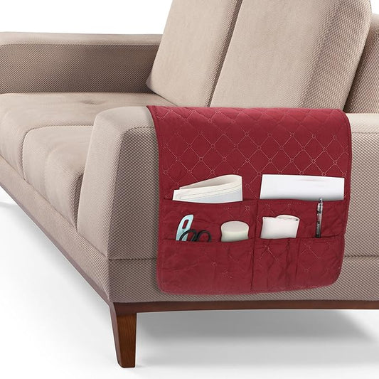 uxcell Couch Sofa Armrest Organizer Non-Slip Chair Arm Recliner Remote Control Organizer with 6 Pockets for Books, Magazines, Tablet, Phone, Wine Red