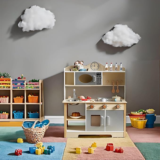 Kids Play Kitchen, Wooden Kitchen Playset for Kids with 12 Pcs Toy Food & Cookware Accessories, Toys Kitchen Small Pretend Play Kitchen for Toddlers