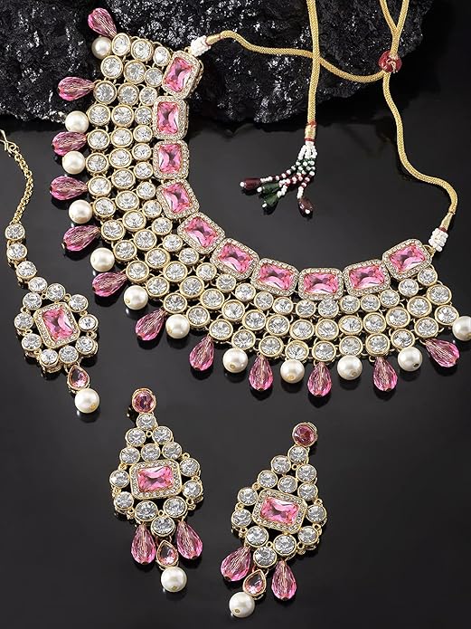Aheli Kundan and Simulated Colored Stones Indian Ethnic Maang Tikka Necklace and Earrings Set Bollywood Festive Statement Jewelry Gift for Women