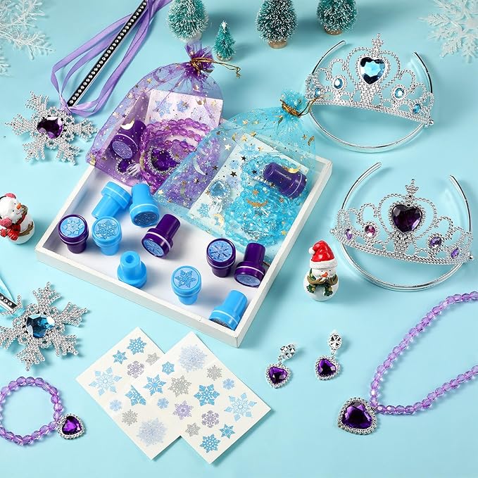 Cholemy 12 Sets Snowflake Wand and Crown Princess Goodie Bags Stuffers Fillers Blue Purple Snowflakes Birthday Supplies with Bracelet Necklace Earrings Rings Tattoo Stamp Silver Heart Jewelry