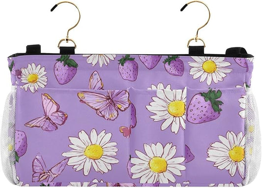 Purple Cute Daisy Butterflies Strawberry Bedside Caddy for Dorm Bed Bedside Hanging Caddy Bag Iron Frame Storage Organizer Pocket for Bunk Home College Hospital Beds 2 Hooks