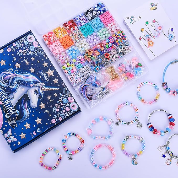3200 Pcs Unicorn Jewelry Activity Kit,Clay Beads Bracelet Making Kit,Flat College Style Beading for Friendship Jewelry Making,Crystal Time Gem Ring Gifts,DIY Crafts for Teen Girls(Sapphire blue)