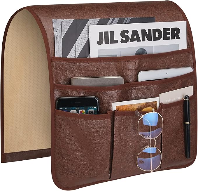 Teniux Remote Control Holder Faux Leather Armrest Organizer with 6 Pockets for Recliner Couch Sofa, Armchair Caddy for Smart Phone, Book, Magazines, Ipad, Remotes (Brown)