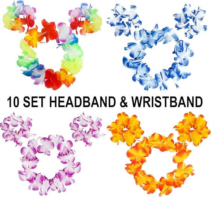 INNOCHEER 40 Pcs Hawaiian Leis, Luau Party Supplies of Elastic Flowers Necklaces, Headbands and Wristbands - Tropical Hawaiian Decorations, Beach Party Decorations, Birthday Party Favors