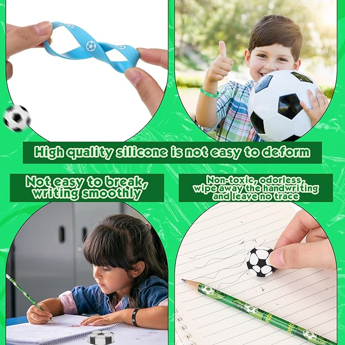 Gueevin 108 Pcs Soccer Party Favors Set 36 Soccer Pencils 36 Soccer Erasers 36 Silicone Bracelets Sport Pencil Wristbands Fun Erasers Bulk for Kids Student Teacher Office Birthday (Green, White, Blue)