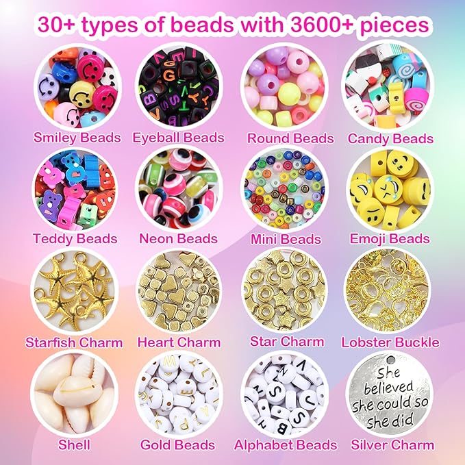 Goody King 3600+pcs Clay Beads Bracelet Making Kit for Beginner Heishi Beads Letter Beads 30 Color+ with Charms Kit for Jewelry Making Clay Beads DIY Arts and Crafts Gifts Toys for Kids Age 6-12