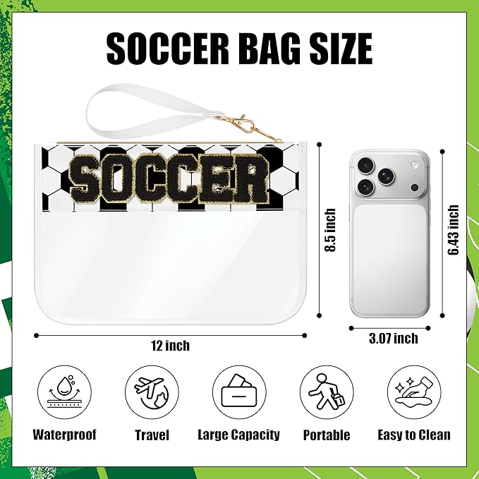 BuyCard Soccer Gift Makeup Bag with Chenille Letter Patch, Clear Cosmetic Pouch PVC Organizer Purse, Waterproof Travel Bag, Portable Toiletry Storage Bag for Her Friends