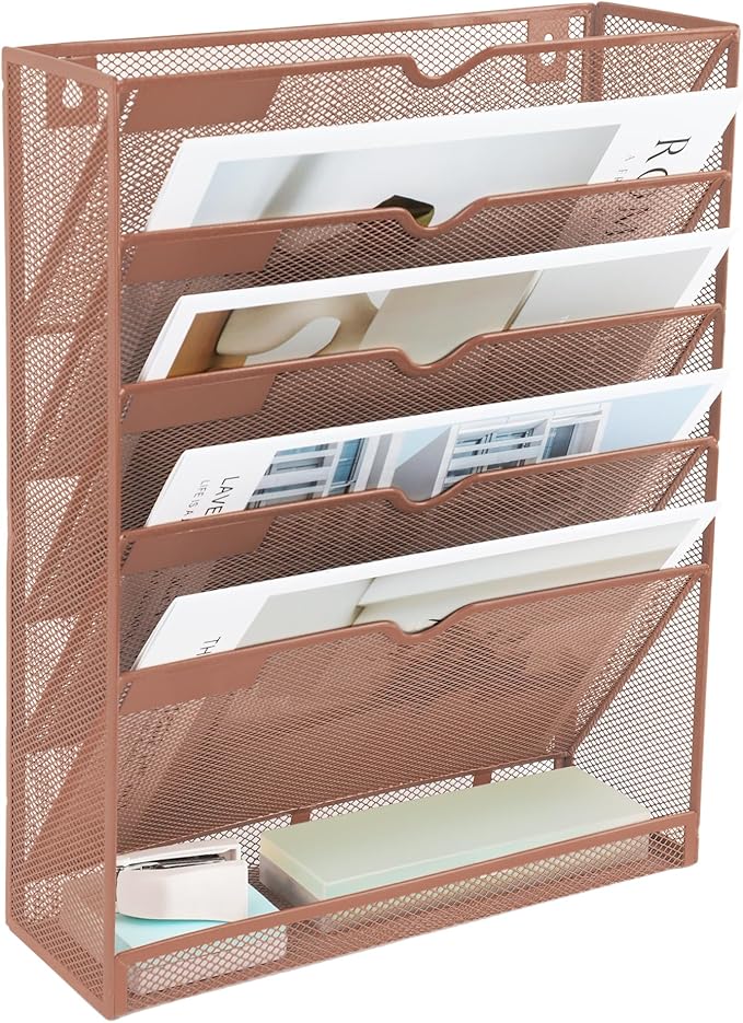 EASEPRES 6 Tier Mesh Hanging Wall File Organizer, Desk Vertical Mail Paper Document Folder Holder Rack with Bottom Tray and Nametag Label for Office Home School, Brown