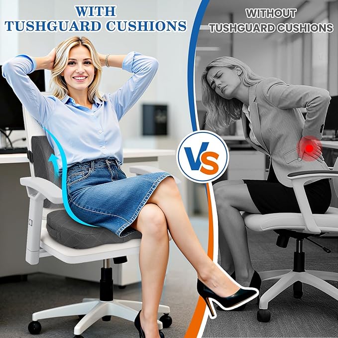 TushGuard Back&Seat Cushion, Car Seat Office Chair Cushions, Breathable Memory Foam Lumbar Back Support Pillow, Portable Airplane Seat Cushion for Travel, Computer Desk, Wheelchair, Driving (Grey)
