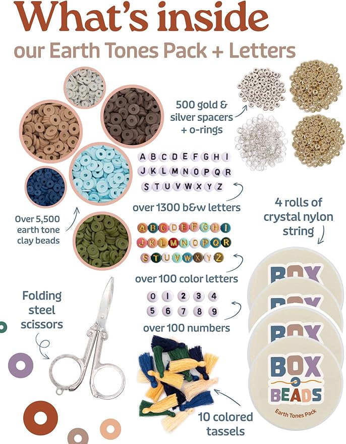 Felix LeChef Clay Bead Bracelet Kit, 7000 Pcs Alphabet Letters and Earth Tone Neutral Colors Heishi Clay Beads Set for Friendhip Bracelet Making Jewelry Making Beading Accessories