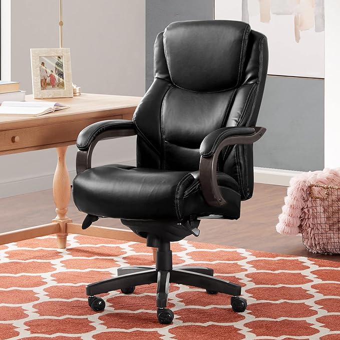 La-Z-Boy Delano Big & Tall Executive Office Chair, High Back Ergonomic Lumbar Support, Bonded Leather, Black with Weathered Gray Wood
