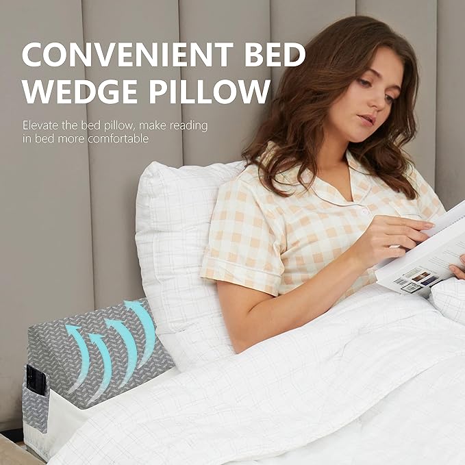 Bed Wedge Pillow for Headboard Gap Bed Mattress Gap Filler (0-8") Between Headboard/Wall and Mattress Grey Twin Size Foam Support Triangle Bloster Pillow Stoppers with 2 Pockets
